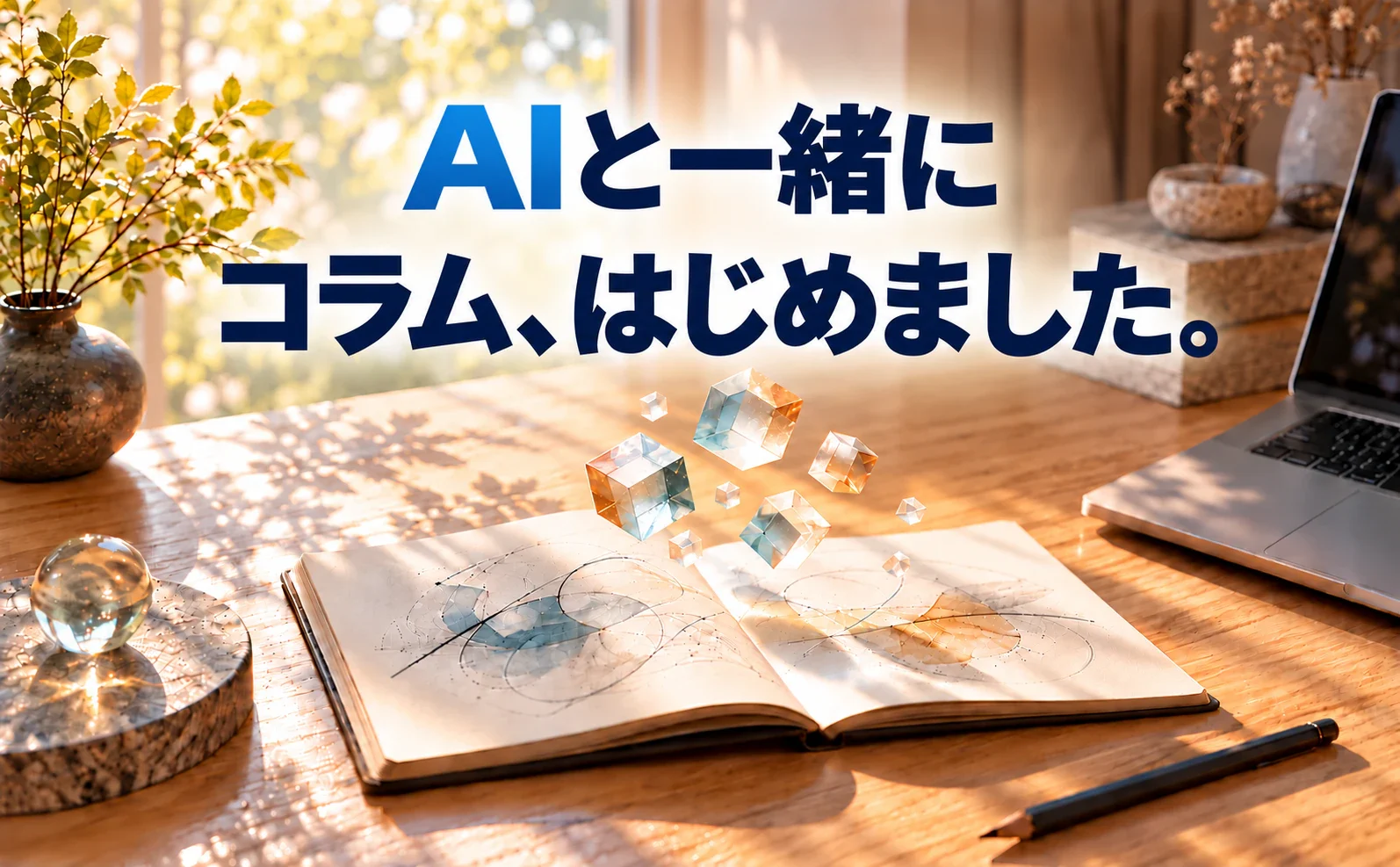 「AIと一緒に コラム、はじめました。」の文字と、開いたノートの上に浮かぶガラスのキューブ。