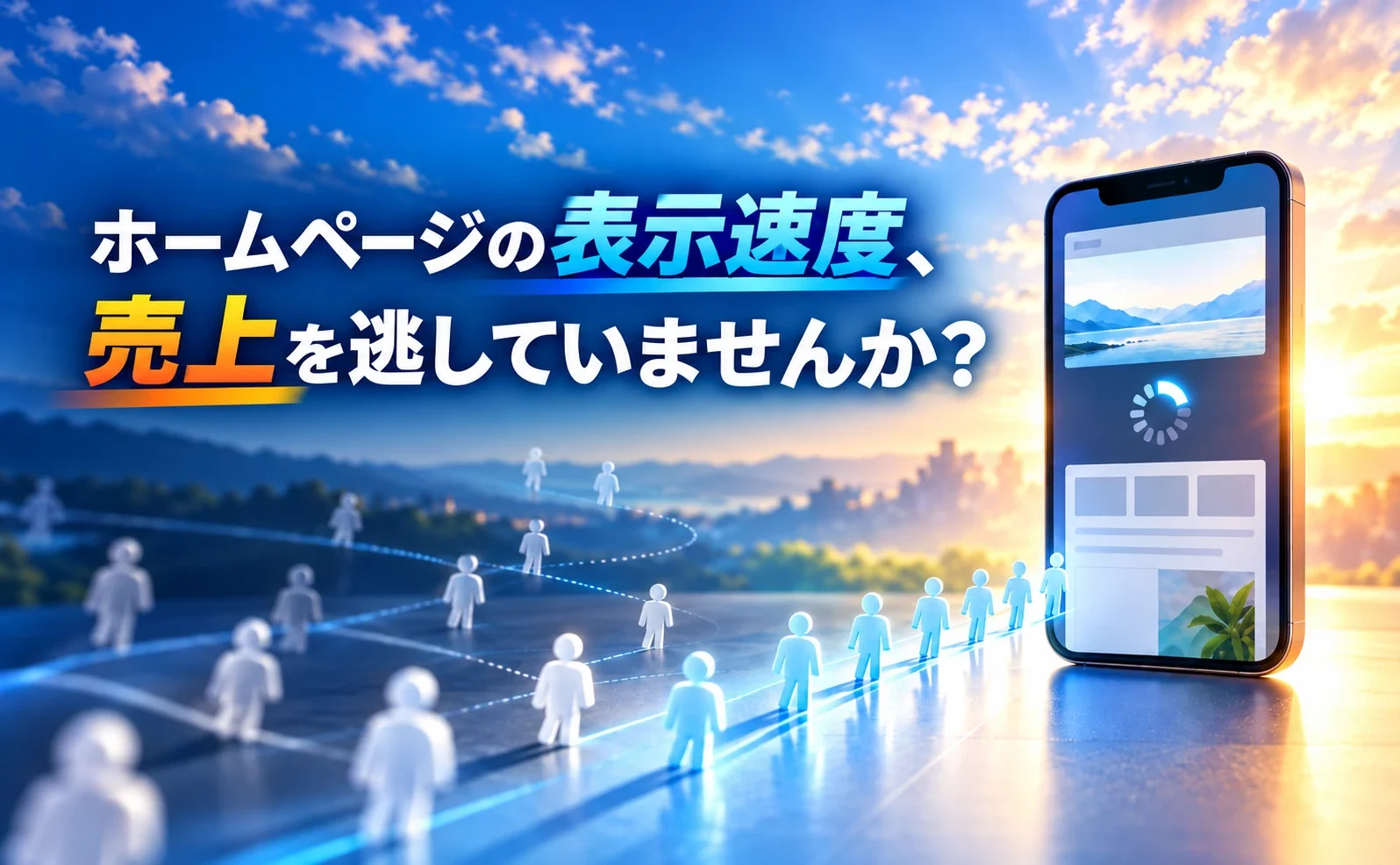 ホームページの表示速度と売上機会をテーマにした、スマートフォンと訪問者のイラスト。
