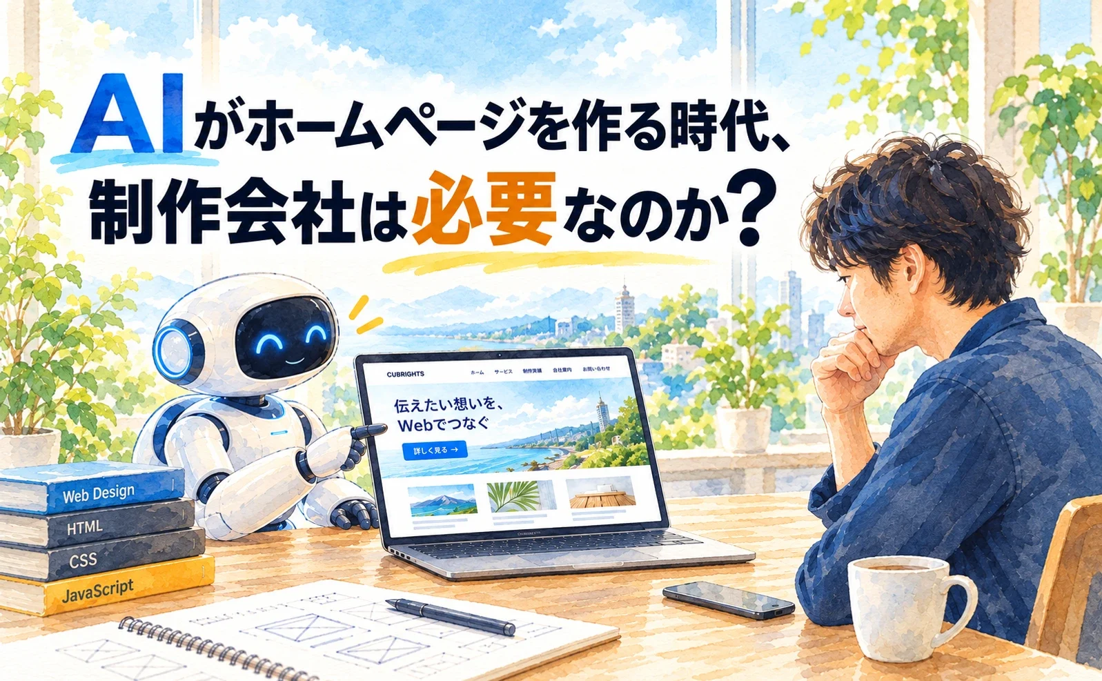 AIと人間がホームページ制作について考える、水彩画風イラスト。AIがホームページを作る時代、制作会社は必要なのか?