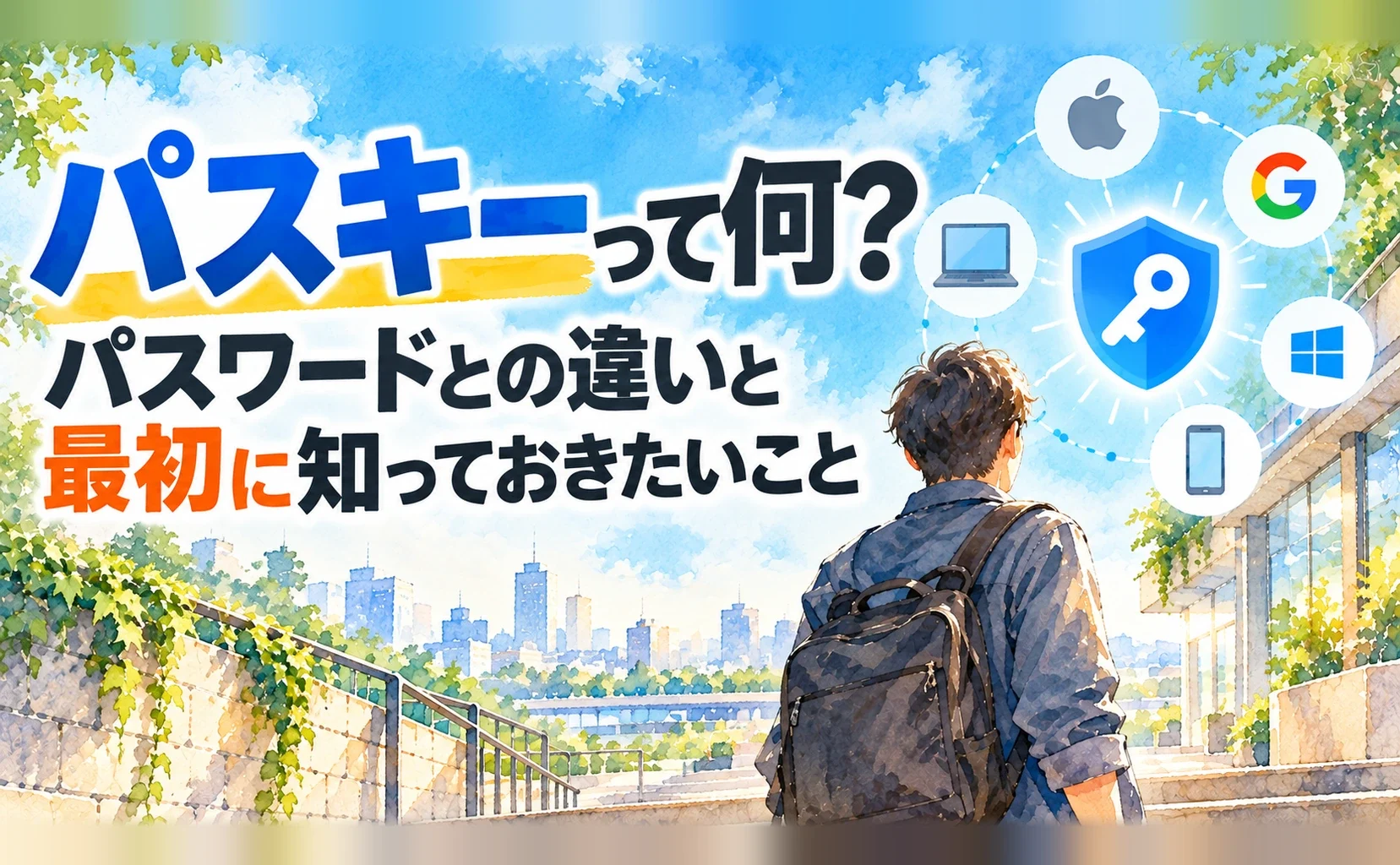 パスキーって何? パスワードとの違いを伝えるタイトルと、水彩調の鍵のイラスト