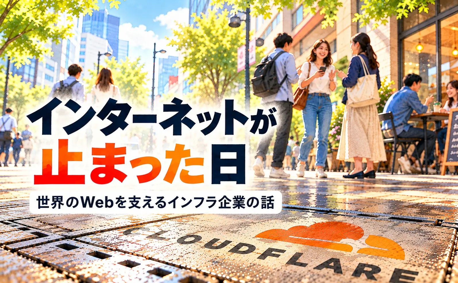 Cloudflareのロゴが刻まれた街の路面を、人々が気にせず行き交う水彩画風のイラスト。インターネットが止まった日